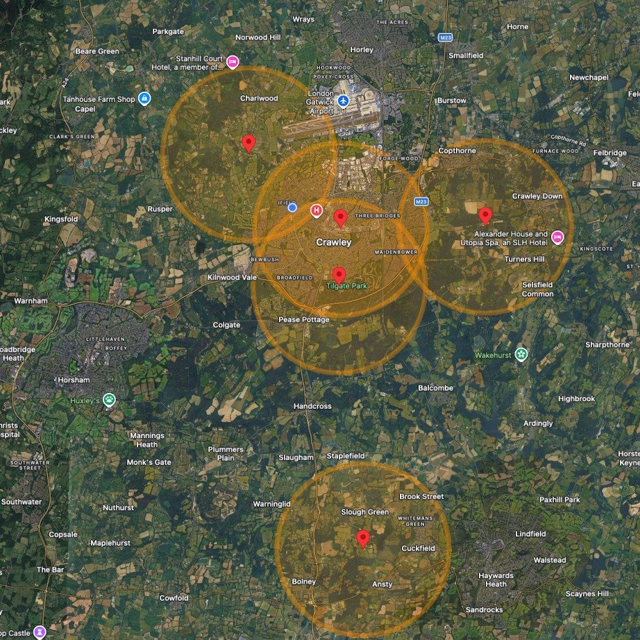 Map showing Crawley Bees’ apiary locations across Crawley, Ifield, Tilgate, County mall, Crawley Down, and Haywards Heath areas.